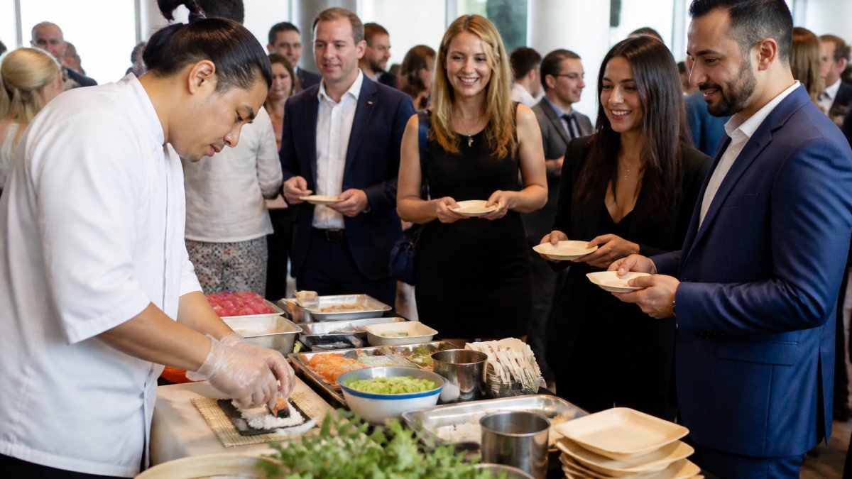 A chef in a white jacket assembling handrolls behind a station at a corporate reception, with guests in business attire watching and holding small plates in a bright event space