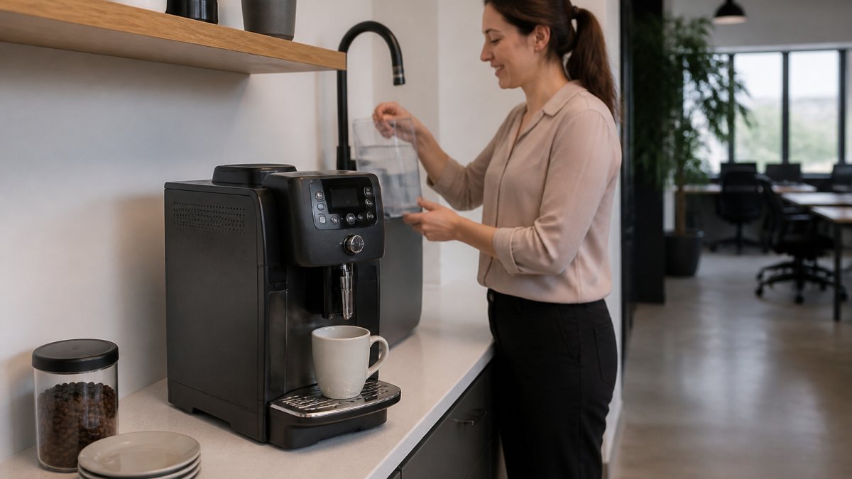 A compact automatic espresso machine sitting on a clean office break room counter, with a ceramic mug under the spout and a colleague in the background filling a water reservoir