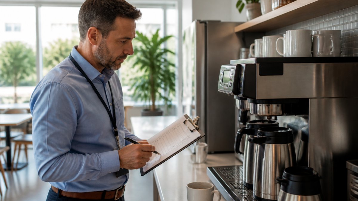 Facilities manager checking a commercial machine to audit sustainable office coffee setup in a breakroom
